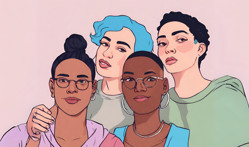Illustration of four people with different gender identities standing together in solidarity.