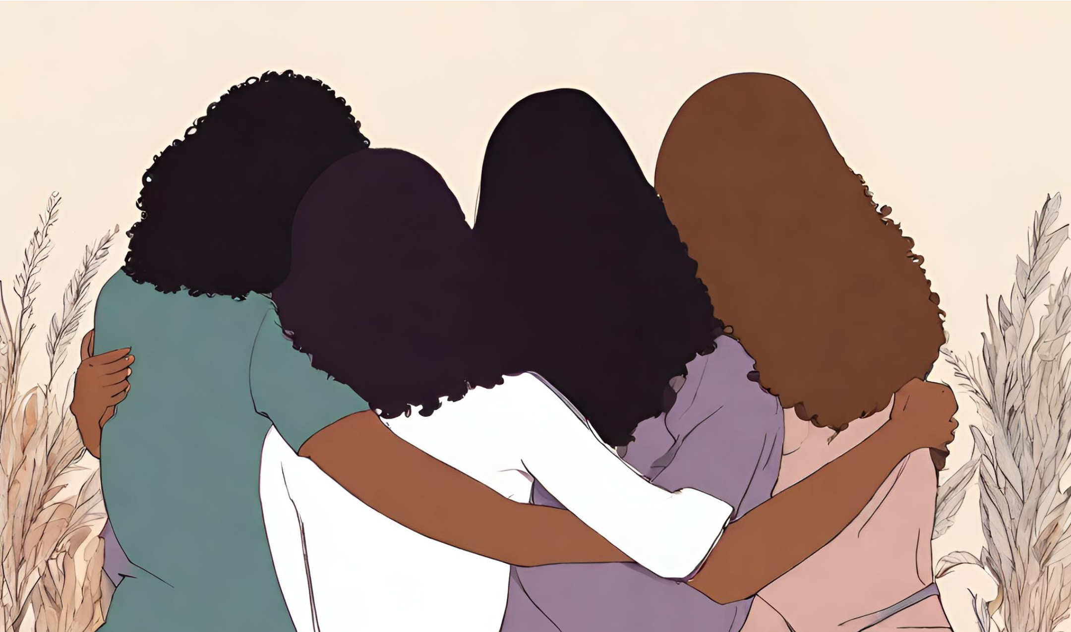 Illustration of Four women standing together and hugging each other in support.