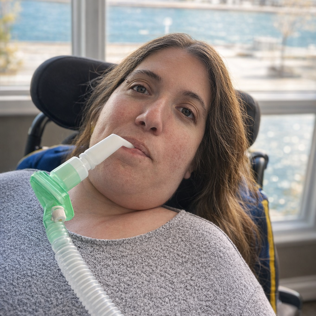 Woman with long dark hair sits in a chair with a tube in her mouth